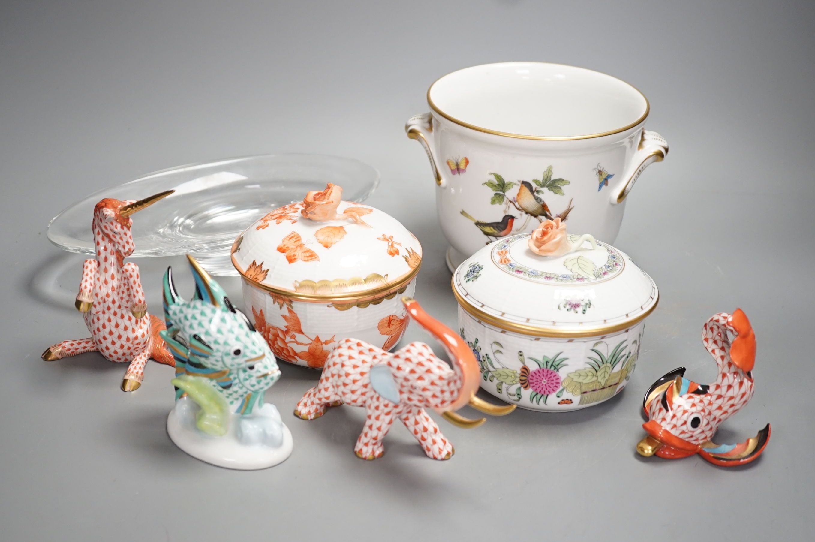 A pair of Herend pots with covers, Herend animal figures, Herend two handled pot, and one Baccarat dish